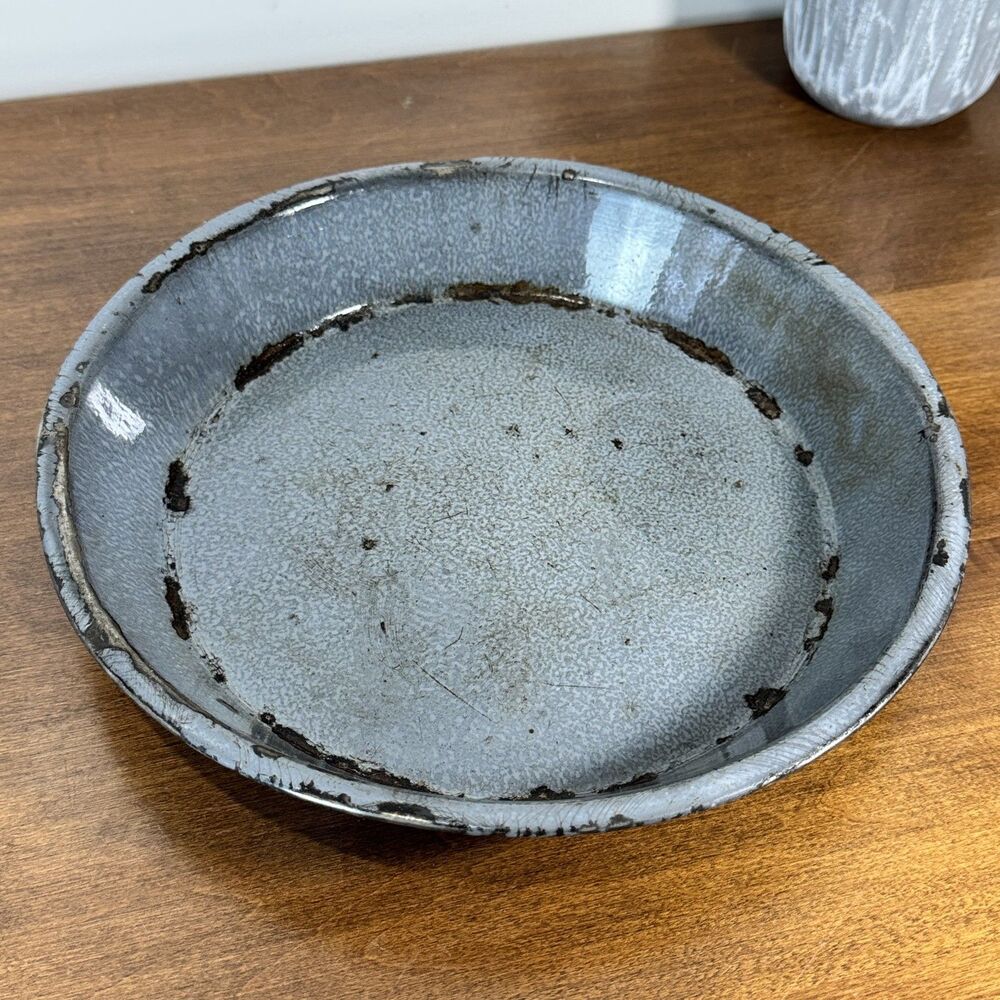 Vintage Enamelware Pie Plate Pan 10" Round Blue Gray Rustic Farmhouse Decor